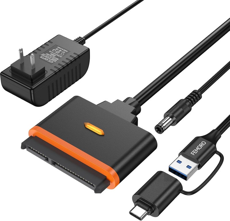 FEMORO محول SATA إلى USB مع مزود طاقة ومحول USB C، قارئ القرص الصلب SATA للـ 2.5 بوصة SSD و 3.5 بوصة HDD، بسعة تصل إلى 20TB، دعم SATA III متوافق مع UASP مع Seagate و WD و Toshiba والمزيد - Image 1